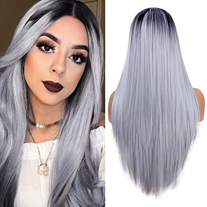 fani Long Straight Ombre Grey Wigs for Women Non-Lace Front Synthetic Full Wig Halloween Cosplay Costume Wigs Dark Roots Middle Part 22 Inch