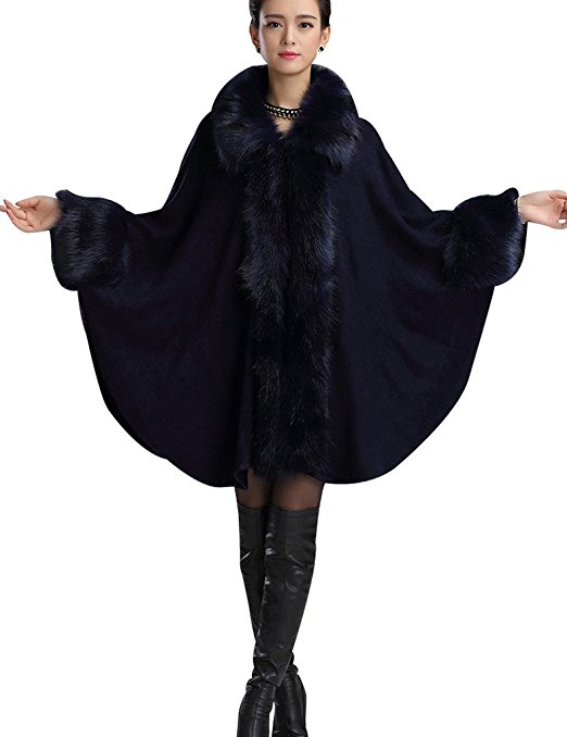 Aphratti Women's Wool Scarf Shawl Cape Coat with Luxury Faux Fox Fur Collar