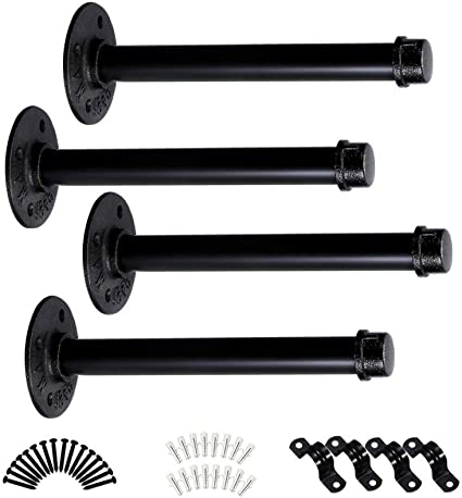 3/4 Gas Pipe Shelf Brackets 10" inch 4 PCS Black Rustic Farmhouse Industrial Iron Metal Wall Floating Brace Support for DIY Custom Open Shelving Hardware Included
