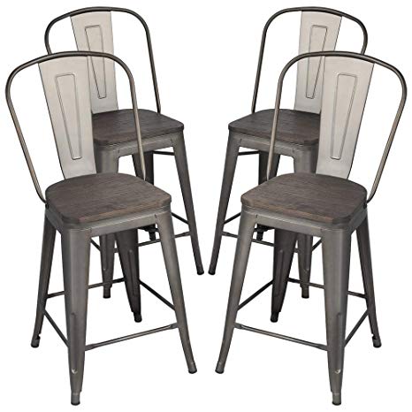 Yaheetech 24" Seat Height Tolix Style Dining Stools Chairs with Wood Seat/Top and High Backrest, Industrial Metal Counter Height Stool, Modern Kitchen Dining Bar Chairs Rustic, Gun, Set of 4