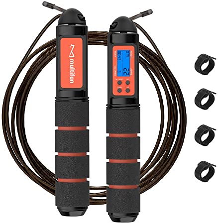 multifun Jump Rope, Speed Skipping Rope with Calorie Counter, Adjustable Digital Counting Jump Rope with Ball Bearings and Alarm Reminder for Fitness, Crossfit, Exercise, Workout, Boxing, MMA, Gym