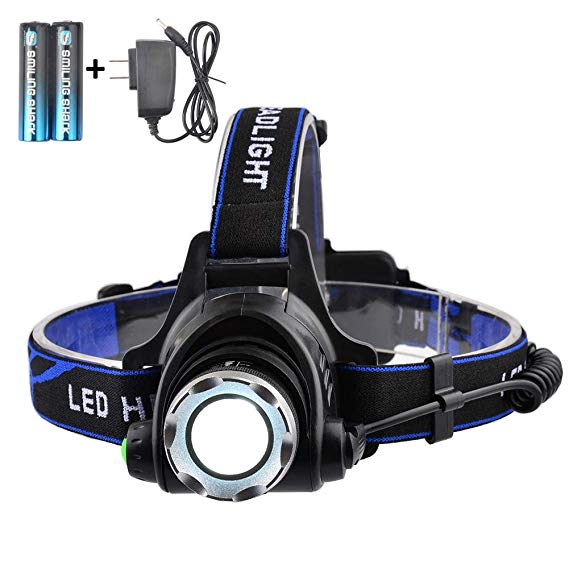 SmilingShark Super Bright Headlamp 2000 lumens 4 Modes Adjustable Waterproof Zoomable LED Headlight with Rechargeable Batteries for Camping Hiking Fishing Reading