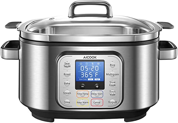 Slow Cooker Programmable, AICOOK 10-in-1 MultiCooker 6Qt Food Steamer Warmer Rice Cooker Yogurt Maker, Delay Start, Adjustable Temp&Time for Slow Cook with Digital Timer, Steaming Rack and Glass Lid