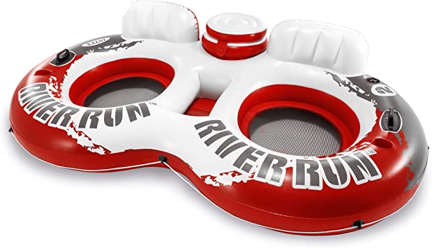 Intex River Run Inflatable 2 Person Pool Tube Float Raft Water Lounger with Attached Cooler and Repair Kit