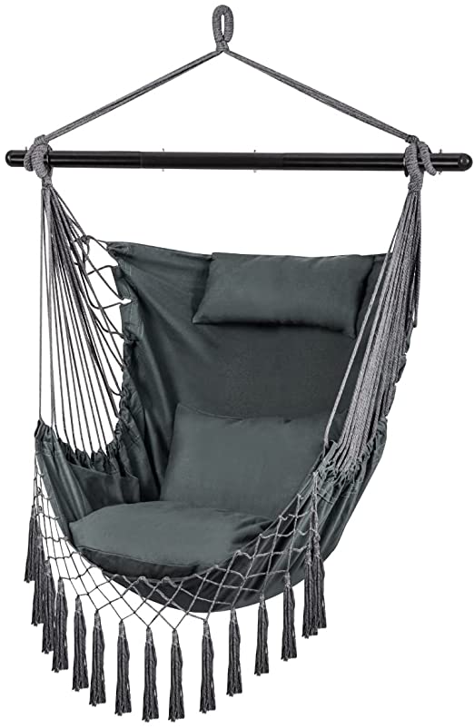 Hammock Chair Swing, Hanging Rope Swing with 3 Cushions Pillow and Side Pocket, Max 400 lbs, Large Macrame Hanging Chair for Indoor, Outdoor, Bedroom,Garden, Patio, Porch, Yard