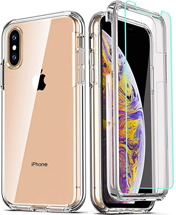 COOLQO Compatible for iPhone Xs Max Case 6.5 Inch, with [2 x Tempered Glass Screen Protector] Clear 360 Full Body Coverage Silicone [Military Protective] Shockproof iPhone Xs Max Cases Phone Cover