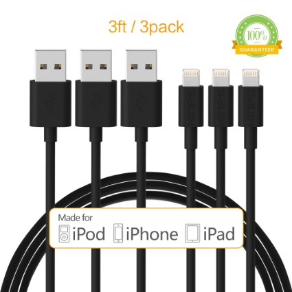 [Apple MFI Certified]Kinps®3FT 8 pin Lightning Cable USB Cable Sync Charger Data Cord for Apple iPhone 5 / 5s / 5c / 6 / 6 Plus, iPod 7, iPad mini / mini 2/ mini 3, iPad Air / iPad Air 2 (3FT - Black - 3pack)