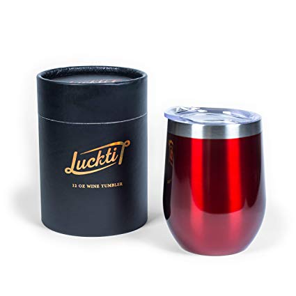 Luckti 12 oz Insulated Stainless Steel Wine Tumbler Cup Double Wall Vacuum Stemless Glass with Lid - Red