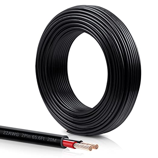 22 Gauge Electrical Wire, 2 Pin 65.6ft/20m Conductor Wire, 2 Color Red Black Low Voltage LED Extension Cord, Tinned Copper Cable with Black Reel Package Hookup Power Cable for LED Light Lamp