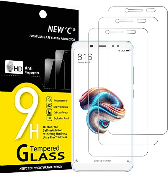 NEW'C 3 Unidades, Protector de Pantalla para Xiaomi Redmi Note 5, Antiarañazos, Antihuellas, Sin Burbujas, Dureza 9H, 0.33 mm Ultra Transparente, Vidrio Templado Ultra Resistente