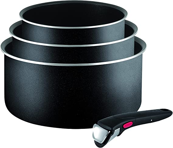 Tefal Ingenio Essential Saucepan Set, 4 Pieces, Stackable, Removable Handle, Space Saving, Non-Stick, Black, L2009342