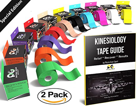 Kinesiology Tape - Pain Relief Adhesive - Best Therapeutic Muscle Support Aid -FREE 82pg EBOOK Taping Guide- Sports Wrap for Plantar Fasciitis Shin Splints Knee Elbow Wrist Back Shoulder Ankle & Neck