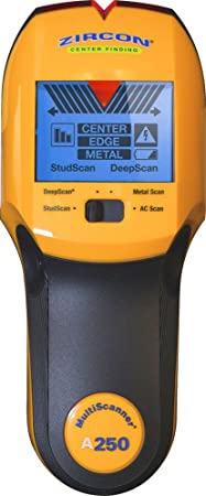 Zircon 69334 MultiScanner A250 Electronic Wall Scanner/Center Edge Finding Stud Finder/Metal Detector/Live AC Wire Detection and Scanning, Backlit LCD Display, Standard