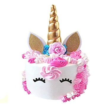 Handmade Gold Unicorn Birthday Cake Toppers set. Unicorn Horn, Ears and flowers Set. Unicorn Party Decoration for baby shower，wedding and birthday party