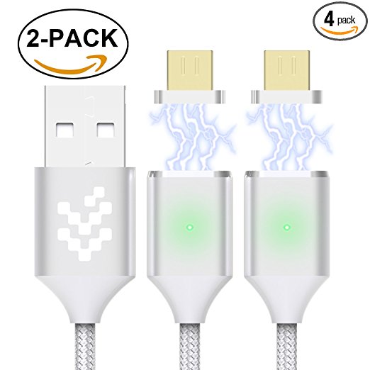 2 Pack Magnetic Micro USB Cable, WMZ Nylon Braided Data Charger Lead with Metal Plug LED Indicator Light Charging Cables for Samsung S2 S3 S4 S6 S7 Edge, Note 2/3/4/5, Tab S2 S LG (3.3 Feet/1M Silver)