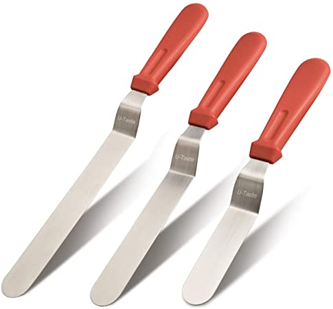 Icing Spatula, U-Taste Offset Spatula Set with 6", 8", 10" Blade, 18/0 Stainless Steel with Premium PP Plastic Handle Angled Cake Decorating Frosting Spatula Set of 3 (Red)
