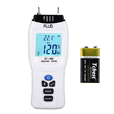 Damp Meter, Handheld Moisture & Temperature Detector with HD LCD Display,Range from 0.1-70% RH, for Wood(100 Types), Concrete, Wall Board and Sheetrock (9V Battery Included)