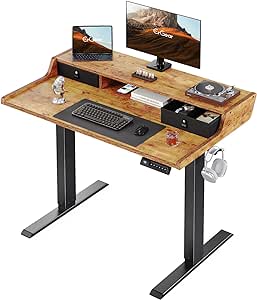 ErGear Electric Standing Desk with Drawers, 40″ x 24″ Gaming Desk with Monitor Stand, C-Clamp Mount Compatible, Home Office Height-Adjustable Desk with Storage Shelf, 4 Preset Heights, Vintage Brown