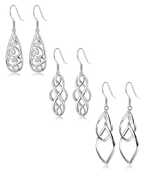 LOLIAS 3 Pairs Celtic Knot Dangle Earrings for Women Girls Silver Twist Wave Filigree Teardrop Fashion Earring Jewelry