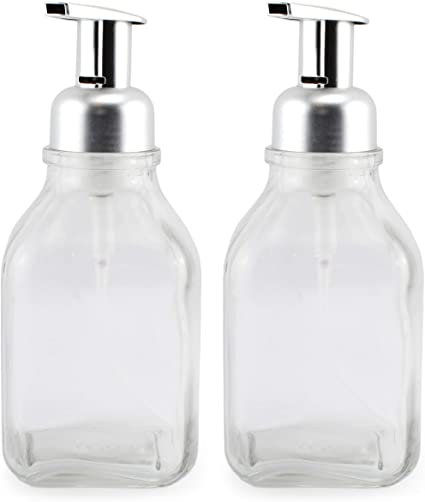 Cornucopia Glass Foaming Soap Dispensers (2-Pack, Clear Bottle w/Silver Color Pump); 16oz Foamer Pump Bottle for Foaming Hand Soap