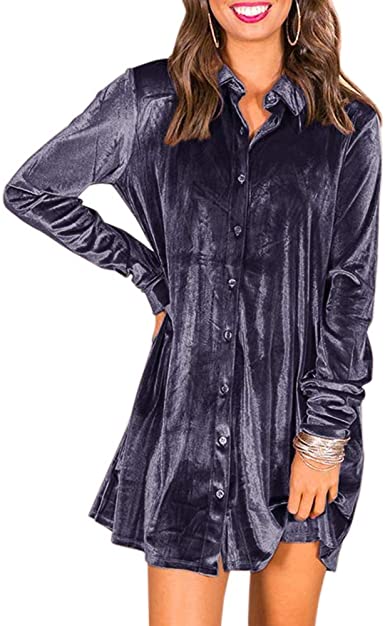 Ivay Women’s Spring Button Down Tshirt Dresses Velvet Tunic Dress with Pockets