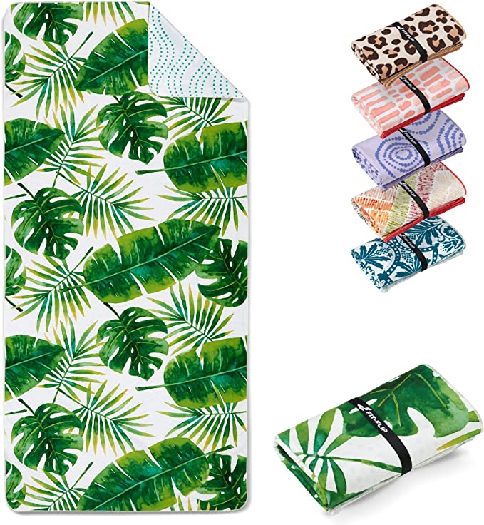 Fit-Flip Beach towel - large microfibre towel - lightweight, compact and super absorbent - sand free quick dry towel, 100% recycled microfibre travel towel - Tropic Leaves 200x90cm