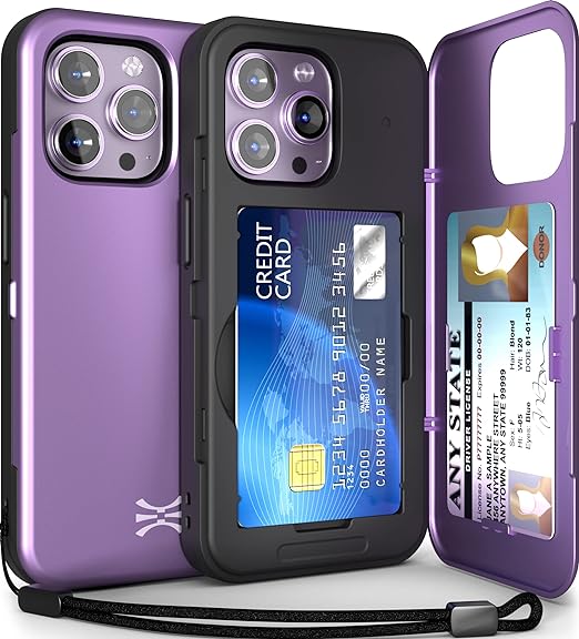 TORU CX SLIM for iPhone 14 Pro Case Wallet | Protective Shockproof Heavy Duty Cover with Hidden Card Holder & Card Slot | Mirror & Wrist Strap Included - Purple