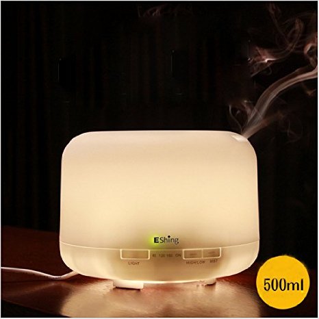 EShing 500ML Aromatherapy Essential Oil Diffuser Portable Ultrasonic Cool Mist Aroma Humidifier with 4 Timer Settings Warm White LED Lamps and Waterless Auto Shut-off Function for Yoga Office Bedroom Baby Room