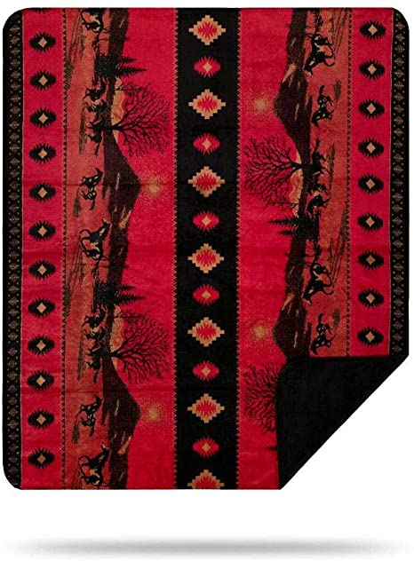 Denali Ultimate Comfort Western Throw Blanket, Plush, Hand-Stitched, Super Cozy Blankets Made in The USA, Red Running Horses