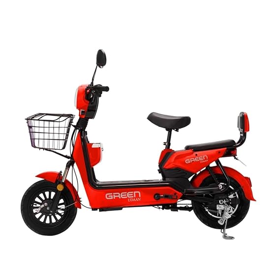 Green Udaan Electric Scooter for Adult’s Commuter with Portable Rechargeable Battery, No RTO Registration or DL Required, 30kms Range & 25kmph Power by 250W Motor, Comfortable Wider Deck E-Bike | Red