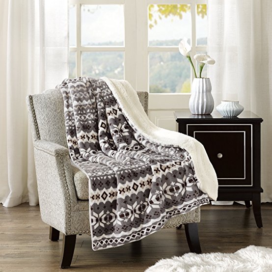 Comfort Spaces - Plush to Sherpa Blanket Throw - 50x60 inches - Fair Isle - Grey