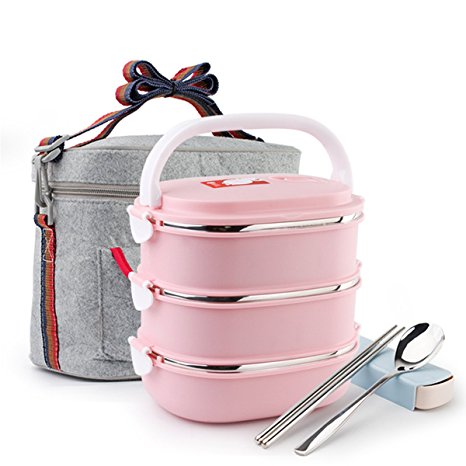 Lunch Box Set 3-Tier Insulated Food Containers Stainless Steel Bento Lunch Box for Women Men Kids with Cooler Tote Bag/Spoon and Fork and Chopsticks Set for Picnic/Work/School (Pink)