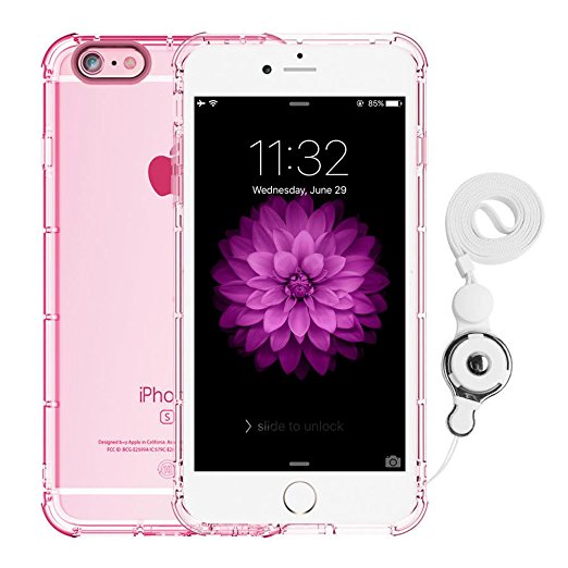 IPhone 6S Plus Clear Case with Finger Ring Holder, Bidear [Soft Flexible] TPU Plastic Material Shockproof Bumper Case with Removable Lanyard Necklace for Apple iPhone 6/6S Plus -5.5 Inch (Pink)