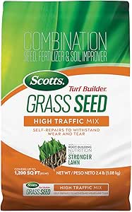 Scotts Turf Builder Grass Seed High Traffic Mix with Fertilizer and Soil Improver, Self-Repairs, 2.4 lbs.