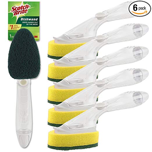 3M Scotch-Brite (6 Pack) Heavy Duty Dish Wand Sponge Brush Soap Dispenser with Scotch Brite Sponges Dish Scrubber Pads for Home Kitchen