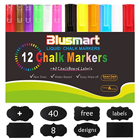 Blusmart Liquid Chalk Markers Pen - 12 Pack With Free 40 Chalkboard Labels - 6mm 3mm Reversible Tips - Child Friendly and Can be Wiped