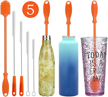 ALINK 5-Pack Silicone Bottle Brush Cleaner, Long Handle Water Bottle Straw Cleaning Brush for Baby Bottles, Haydro Flask Tumbler, S'well, Manna, Glasses, Soda Stream and Narrow Neck Container –Orange