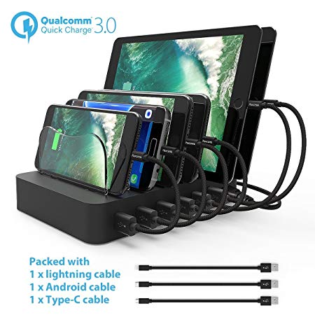 Paxcess, Charging Station 6 Port Charging Dock, 60W 12A USB Charger QC 3.0 Quick Charge, Phone Charger Multi Port Desktop Charging Station with Removable Baffles