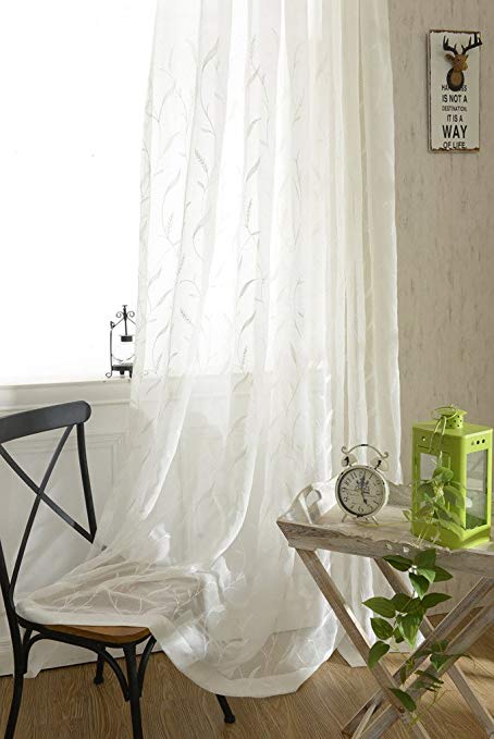 VOGOL Semi-Sheer Elegant Embroidered Solid White Rod Pocket Window Curtains/Drape/Panels/Treatment 42 x 63,Two Panels