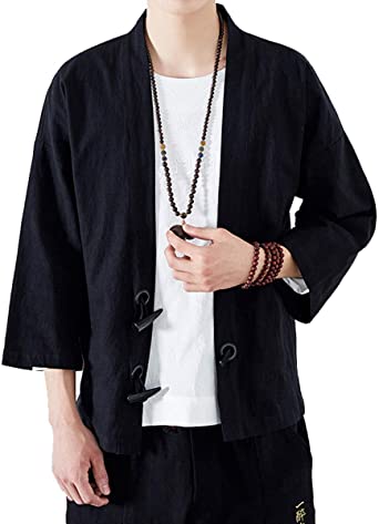 PRIJOUHE Men's Kimono Jackets Cardigan Lightweight Casual Cotton Blends Linen Seven Sleeves Open Front Coat Outwear