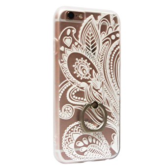 i-Dawn iPhone 6 6S Cover Ultra Thin Clear Crystal Hard Acrylic Soft TPU Rubber Bumper Case Cover with 360 Degrees Rotating Portable Ring Stand for iPhone 6/6S [Henna Flower Series] White