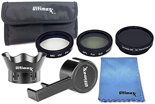 Ultimaxx 7PC Filter Kit for Phantom 3 4K, Advanced, Professional, Standard. Includes UV Filter   CPL Filter   Variable ND2-400 Filter   Rose Petal Lens Hood   Lens Cap/Gimbal Stabilizer   More