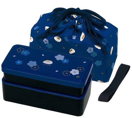 Japanese Traditional Rabbit Blossom Bento Box Set - Square 2 Tier Bento Box Rice Ball Press Bento Bag Blue