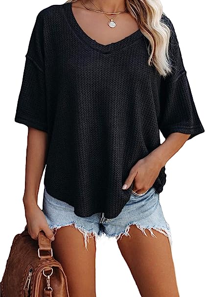 Dokotoo Women's Causual V Neck Short Sleeve Shirts Waffle Knit Loose Tunic Tops Blouses