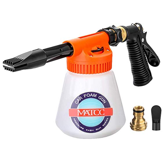 MATCC Car Foam Gun Foam Blaster and Adjustable Car Wash Sprayer with Adjustment Ratio Dial Foam Sprayer Fit Garden Hose for Car Home Cleaning and Garden Use 0.23 Gallon Bottle