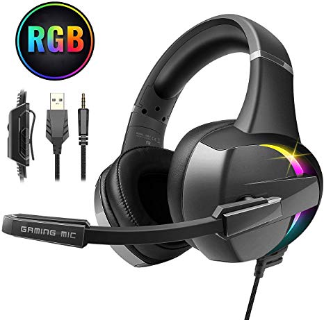 Beexcellent Gaming Headset with 50MM Driver, Soft Memory Earmuffs & Noise Canceling Mic Surround Stereo Gaming Headphones for PS4 Xbox One PC Laptop Mac Smart Phone(RGB Light)