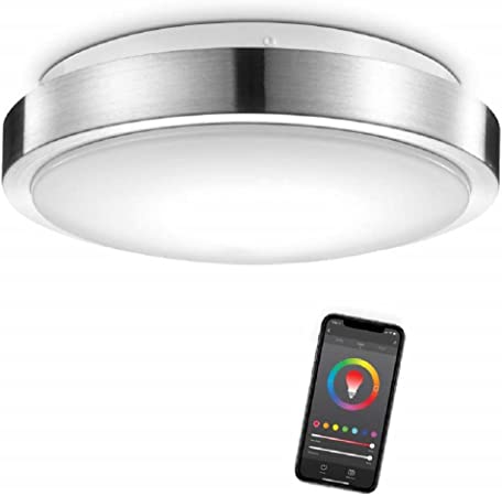 Globe Electric 60839 Wi-Fi Smart 11" Flush Mount Ceiling Light, Brushed Nickel, No Hub Required, Voice Activated, Energy Star, 16 W, Multicolor Changing RGB, White 2000K - 5000K, 1120 Lumens, 80 CRI