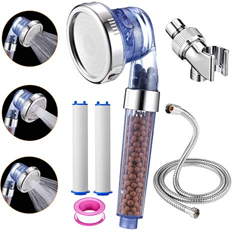 XYCING Ionic Shower Head with Mineral Stones Anion Filtration, Hose and Holder - Water Saving Detachable Handheld 3 Modes Spray Showerhead High Pressure Filtered Shower with 2 Cotton Filters