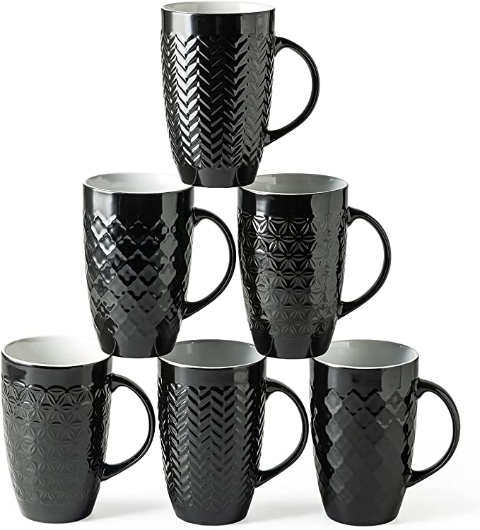 AmorArc Large Coffee Mugs Set of 6, 20oz Porcelain tall Coffee Mugs Set with Textured Geometric Patterns for Coffee/Tea /Beer/Hot Cocoa, Dishwasher & Microwave Safe, Black