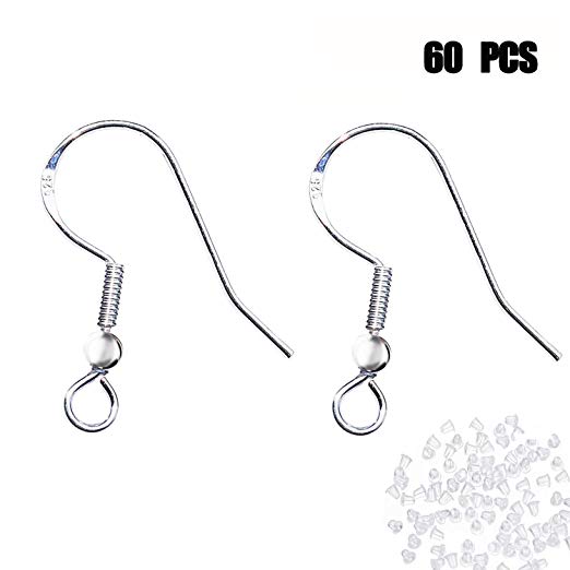 Finyosee 60 PCS Silver 925 Sterling Earring Hooks, Earring Hooks Fish Hook Earrings French Wire,Jewelry Making DIY Hypoallergenic Earring,with 60 PCS Earring Backs